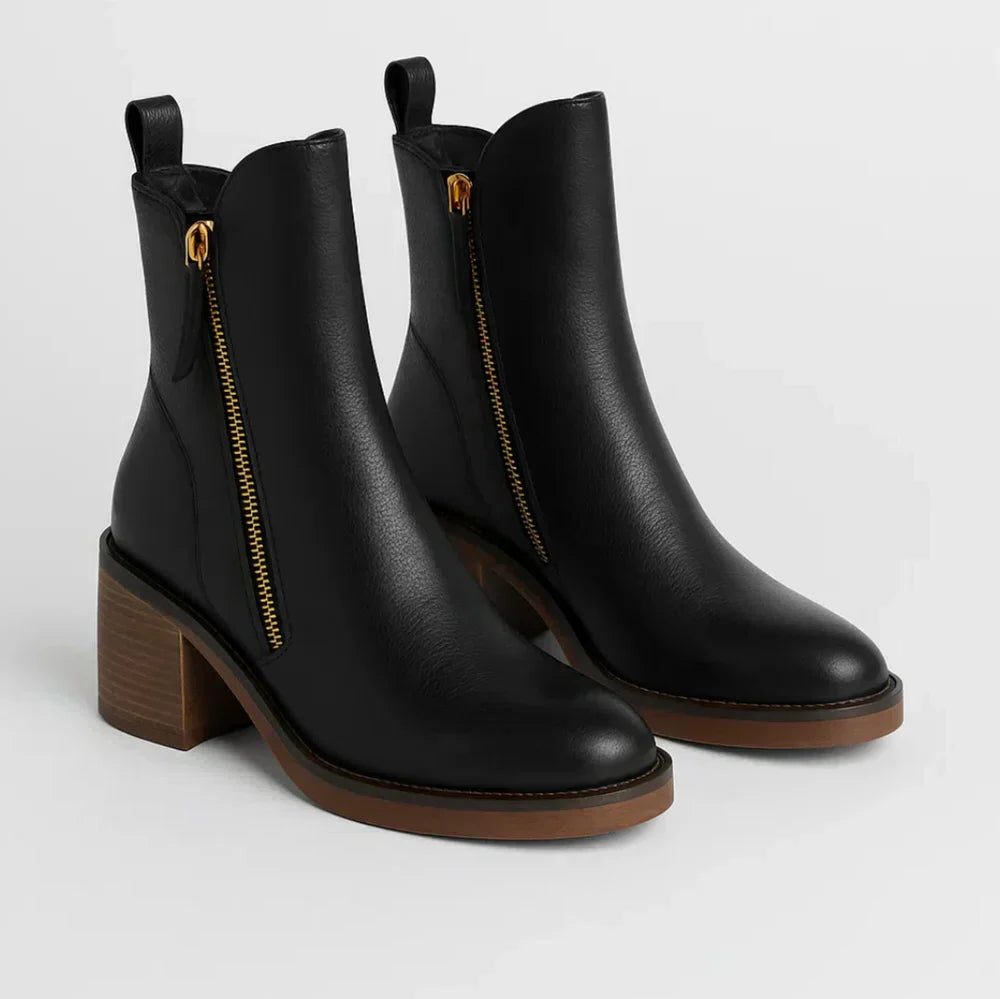 Women's Stylish Leather Zip Block Heel Ankle Boots