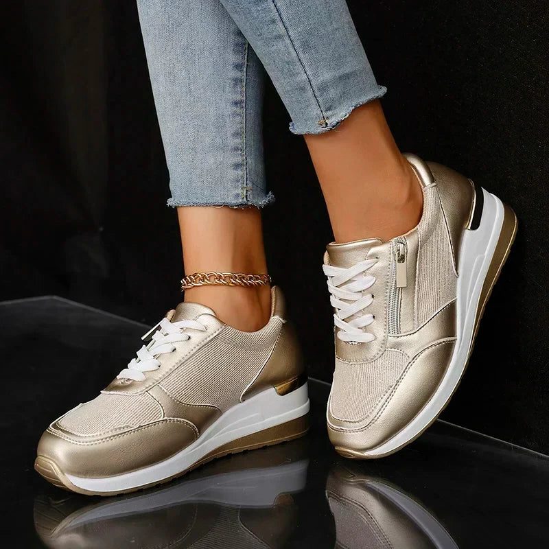 Women's Stylish Metallic Platform Sneakers with Side Zip