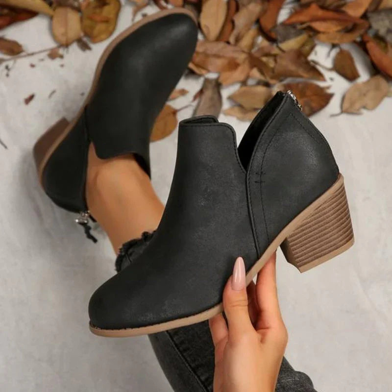 Women's Comfortable Leather Round Toe Side Zip Block Heel Ankle