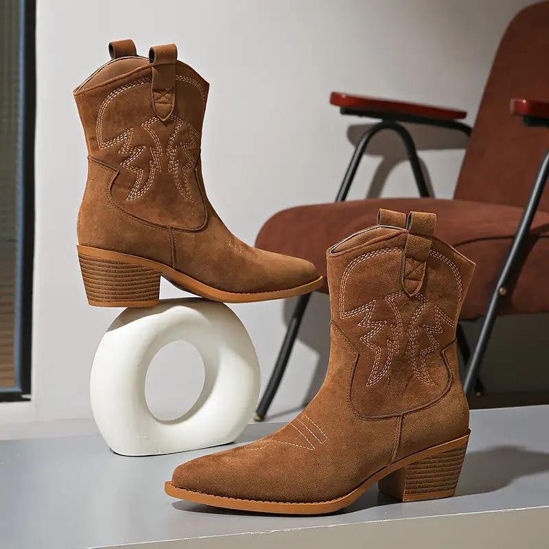 Women's Stylish Brown Embroidered Suede Ankle Cowgirl Boots