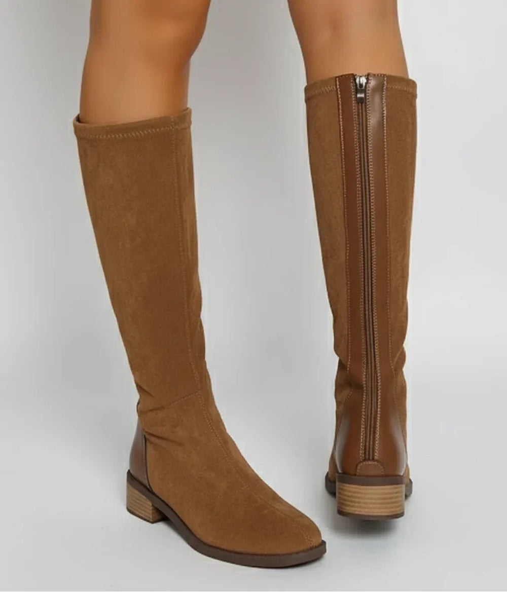 Women's Stylish Suede Knee High Boots with Round Toe and Block Heel