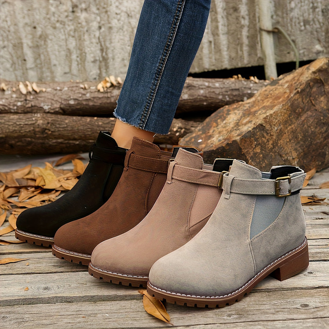Women's Stylish Suede Buckle Strap Chelsea Boots with Chunky Sole