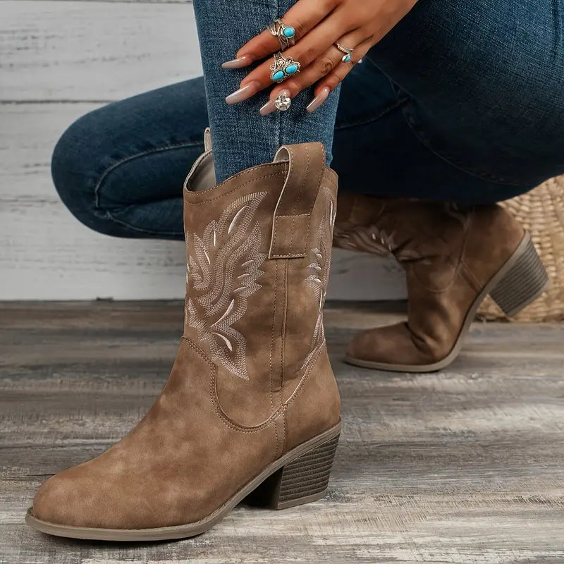 Women's Stylish Brown Leather Embroidered Ankle Cowgirl Boots
