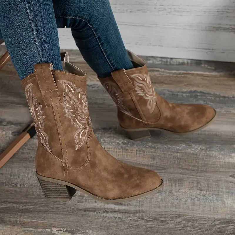 Women's Stylish Brown Leather Embroidered Ankle Cowgirl Boots