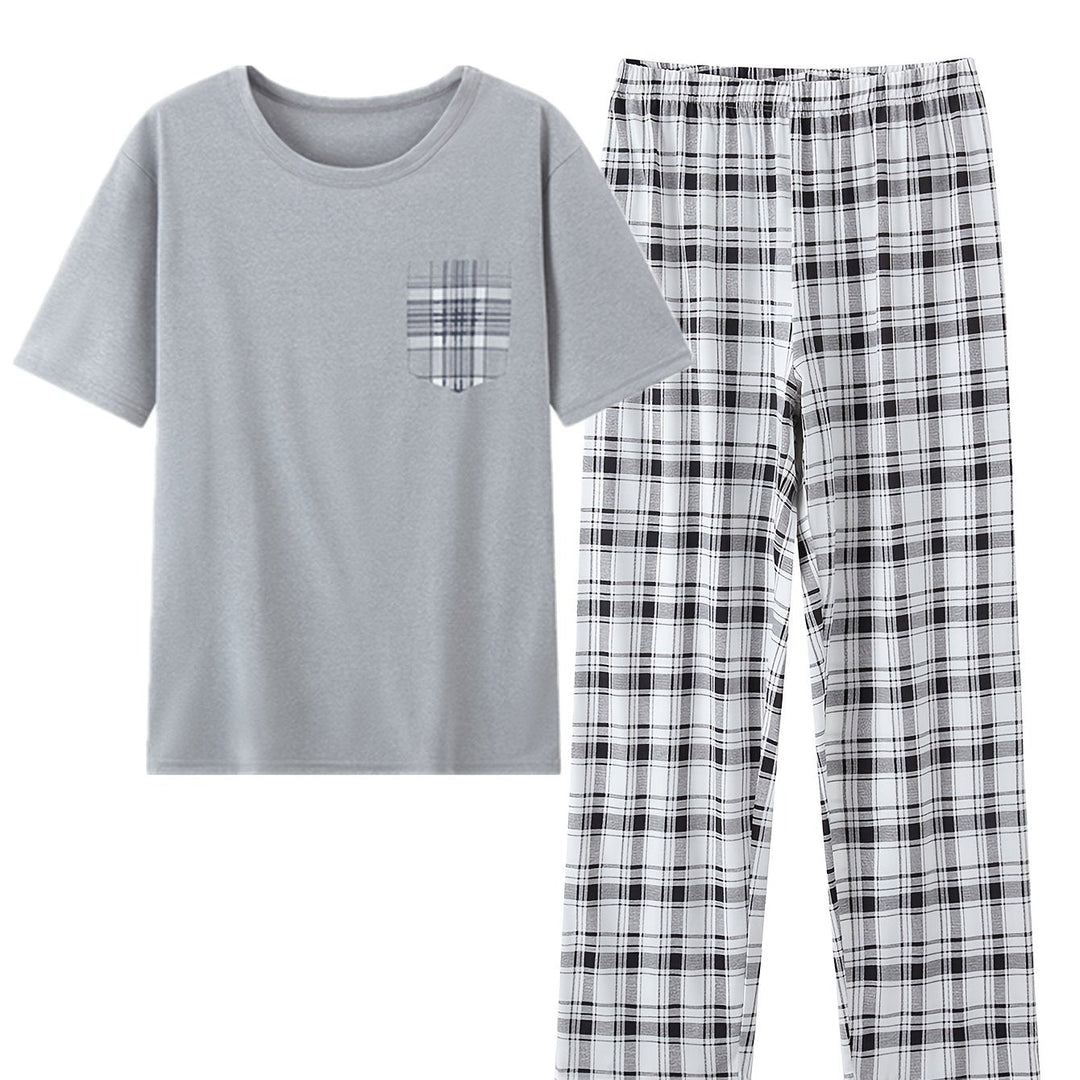 Men's Casual Cotton Relaxed Checkered Two-Piece Set