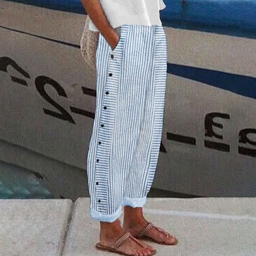 Women's Casual Button Front Striped Wide Leg Pants