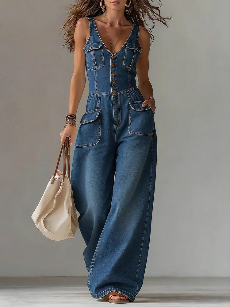Women's Classic Denim Wide Leg Jumpsuit
