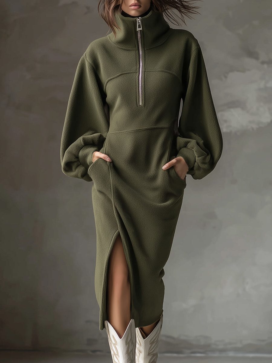 Women's Casual Fleece Sweater Dress with Lantern Sleeves in Army