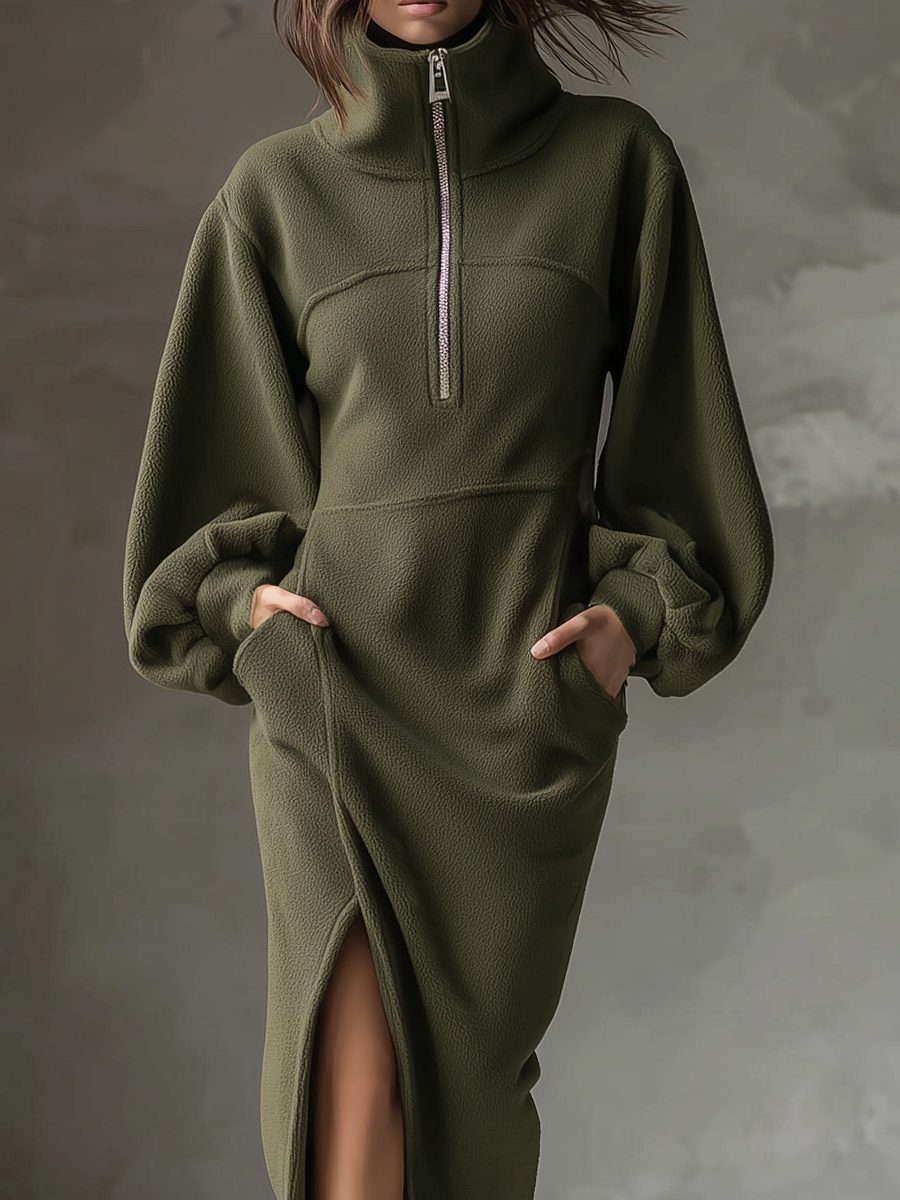 Women's Casual Fleece Sweater Dress with Lantern Sleeves in Army