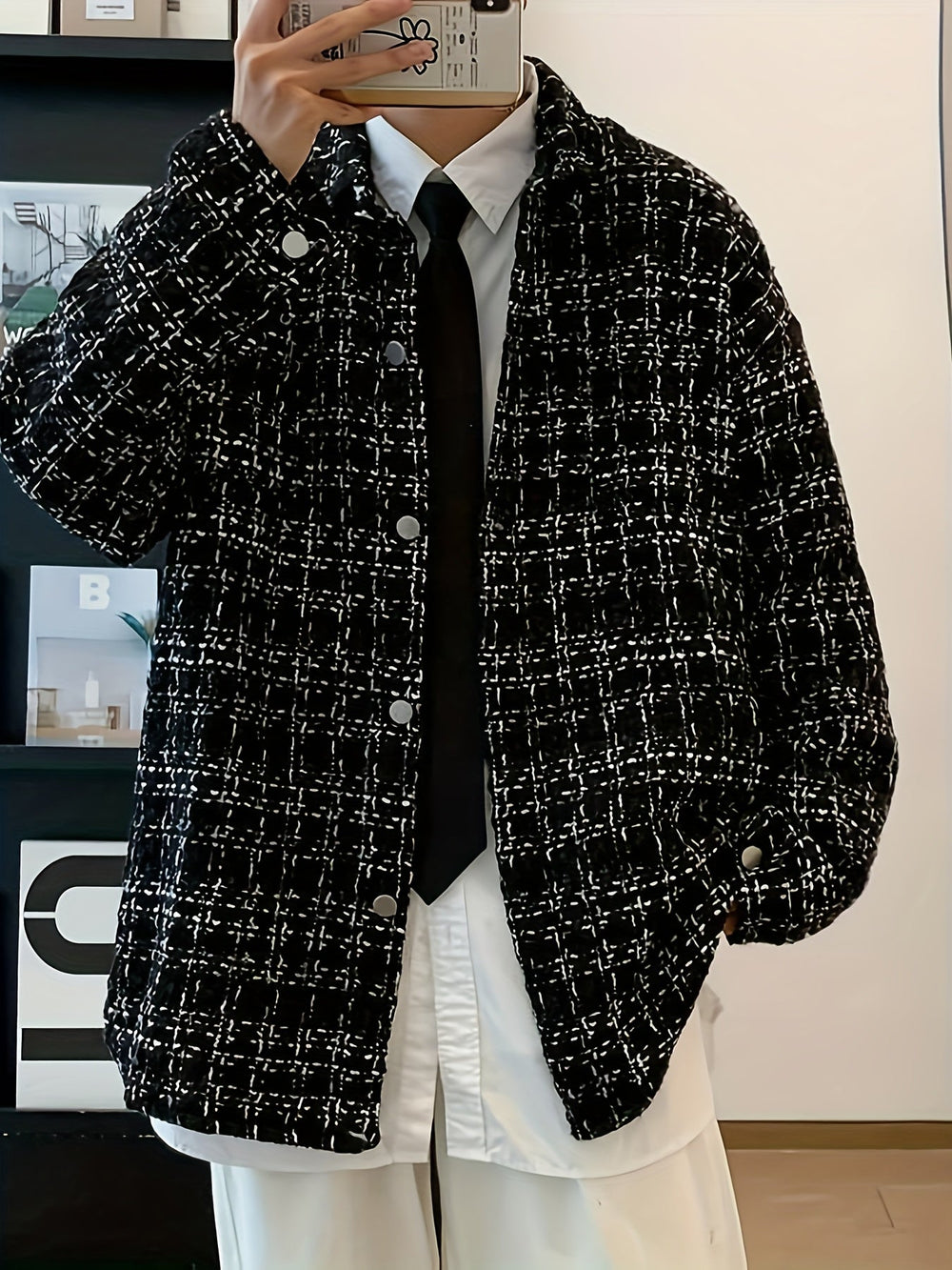 Men's Casual Textured Plaid Cotton Shirt Jacket