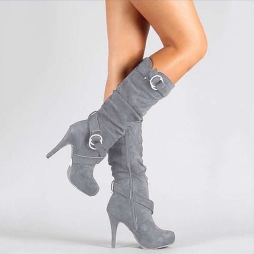 Women's Stylish Leather Knee High Stiletto Boots with Buckle Straps