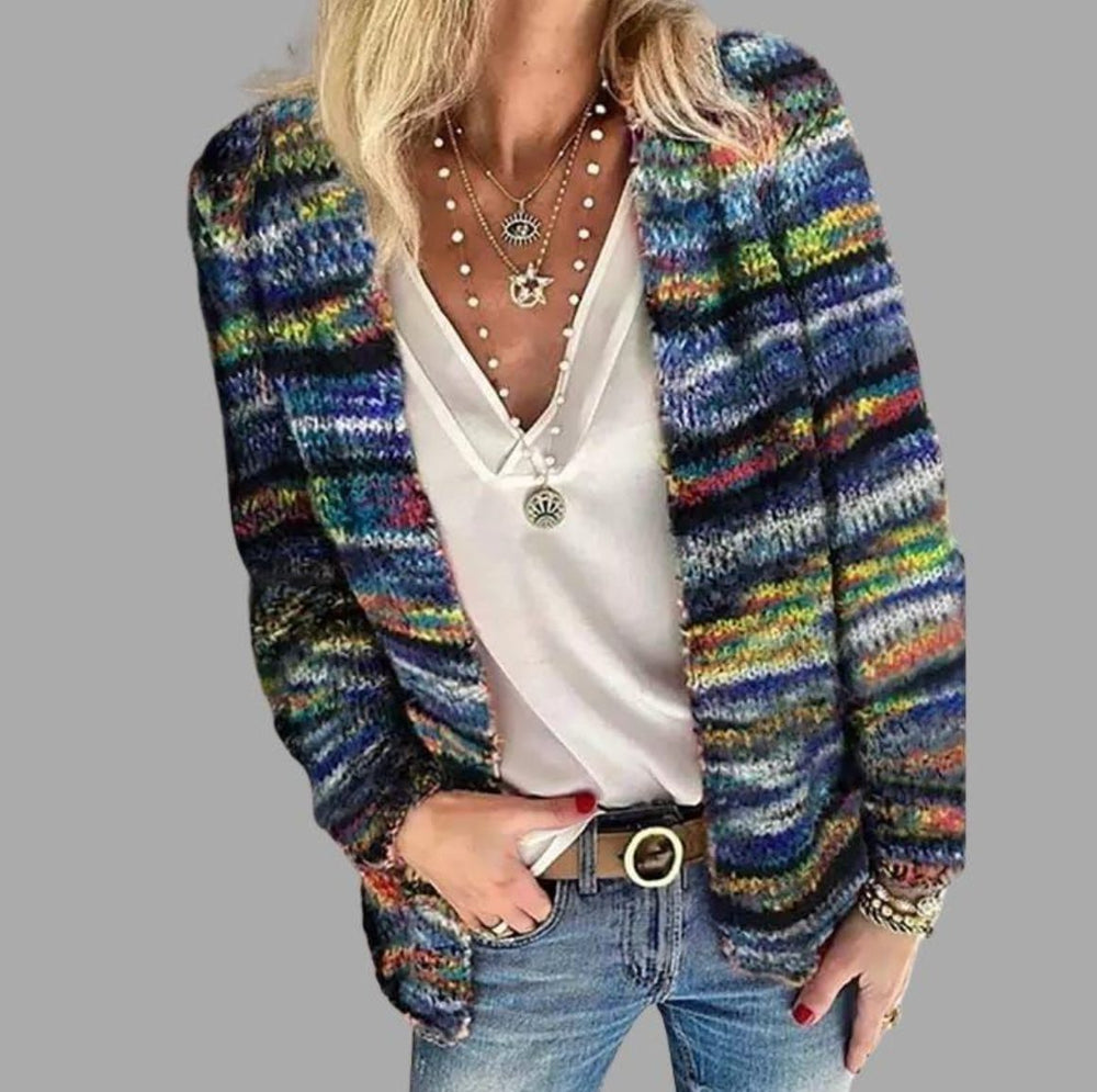 Women's Casual Chunky Knit Open Front Cardigan with Striped Detail