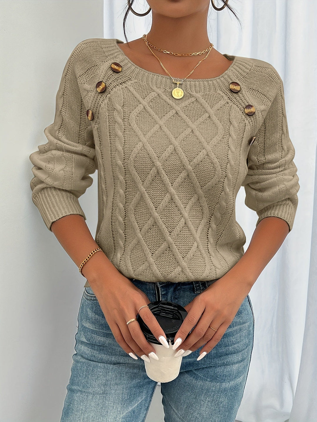 Women's Casual Textured Button Wool Blend Sweater