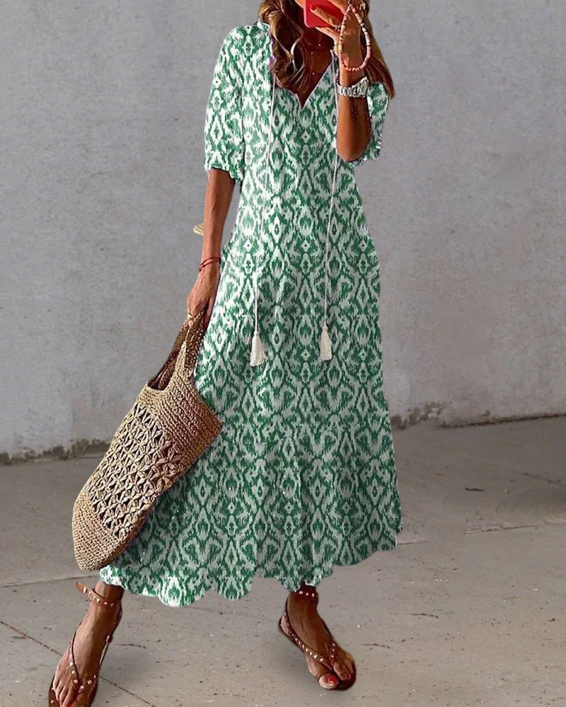 Women's Boho Ikat Print Midi Cotton Dress