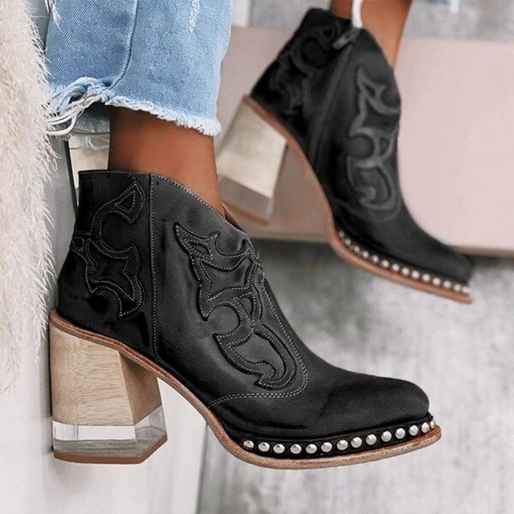 Women's Stylish Leather Embroidered Ankle Studded Cowgirl Boots