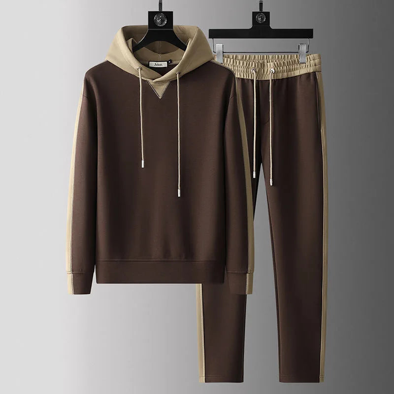 Men's Casual Cotton Color Block Hoodie and Jogger Tracksuit Set