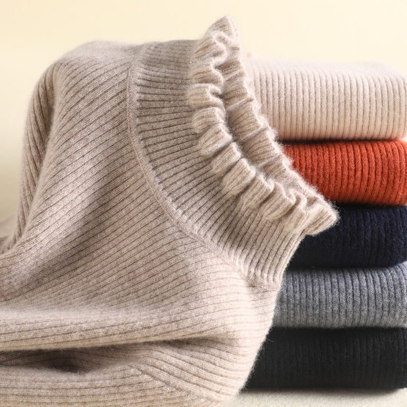Women's Classic Cashmere Ribbed Knit Turtleneck Sweater with Ruffled