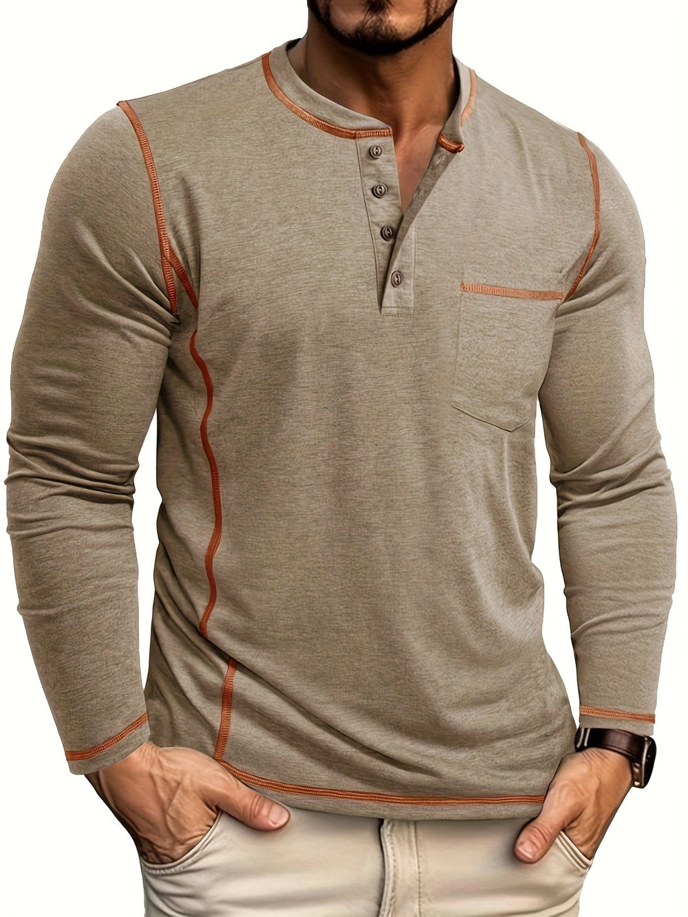Men's Casual Cotton Long Sleeve Henley with Contrast Stitch