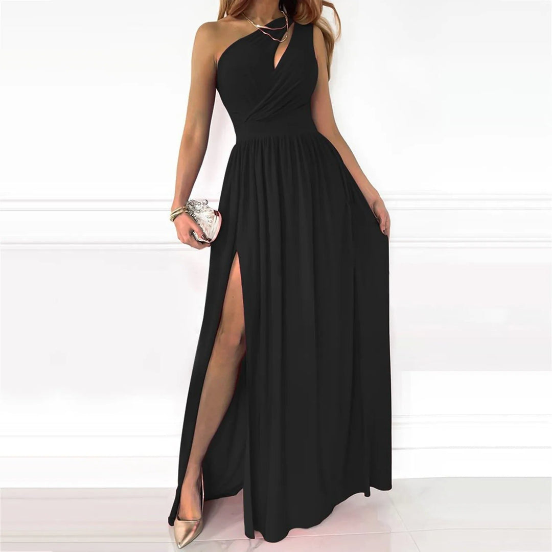 Women's Elegant One-Shoulder Wrap Maxi Dress with Side Split