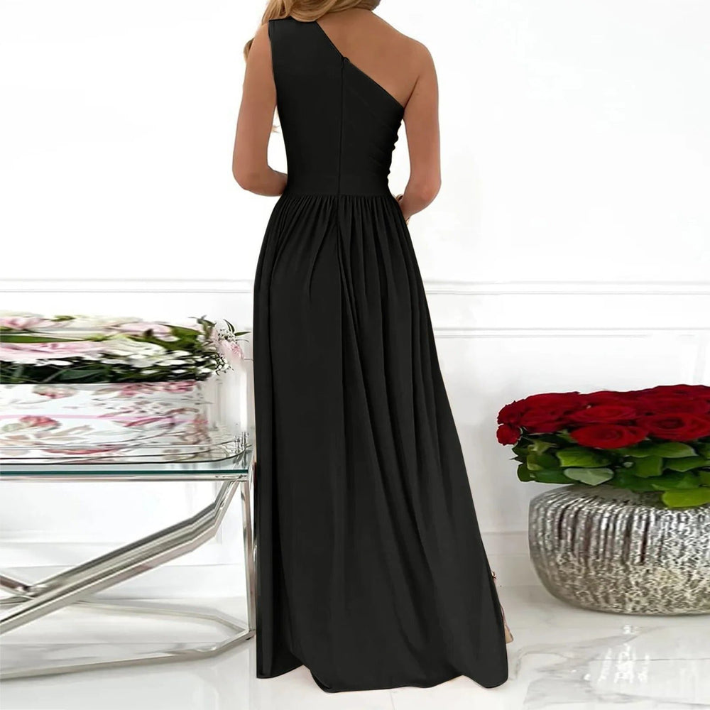 Women's Elegant One-Shoulder Wrap Maxi Dress with Side Split