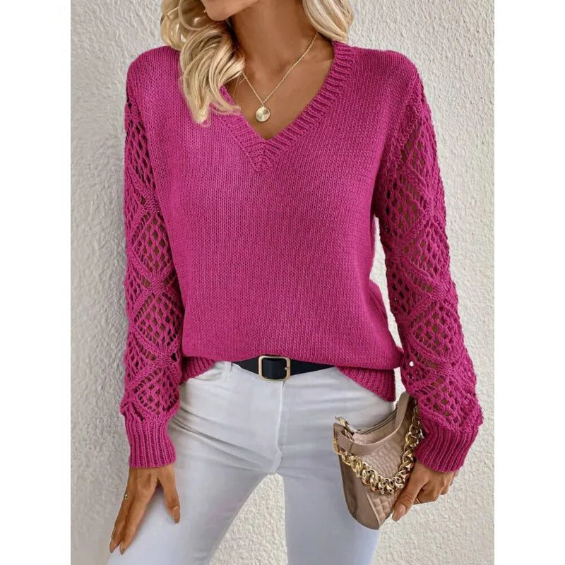 Women's Casual Knit V-Neck Sweater with Lace Sleeves