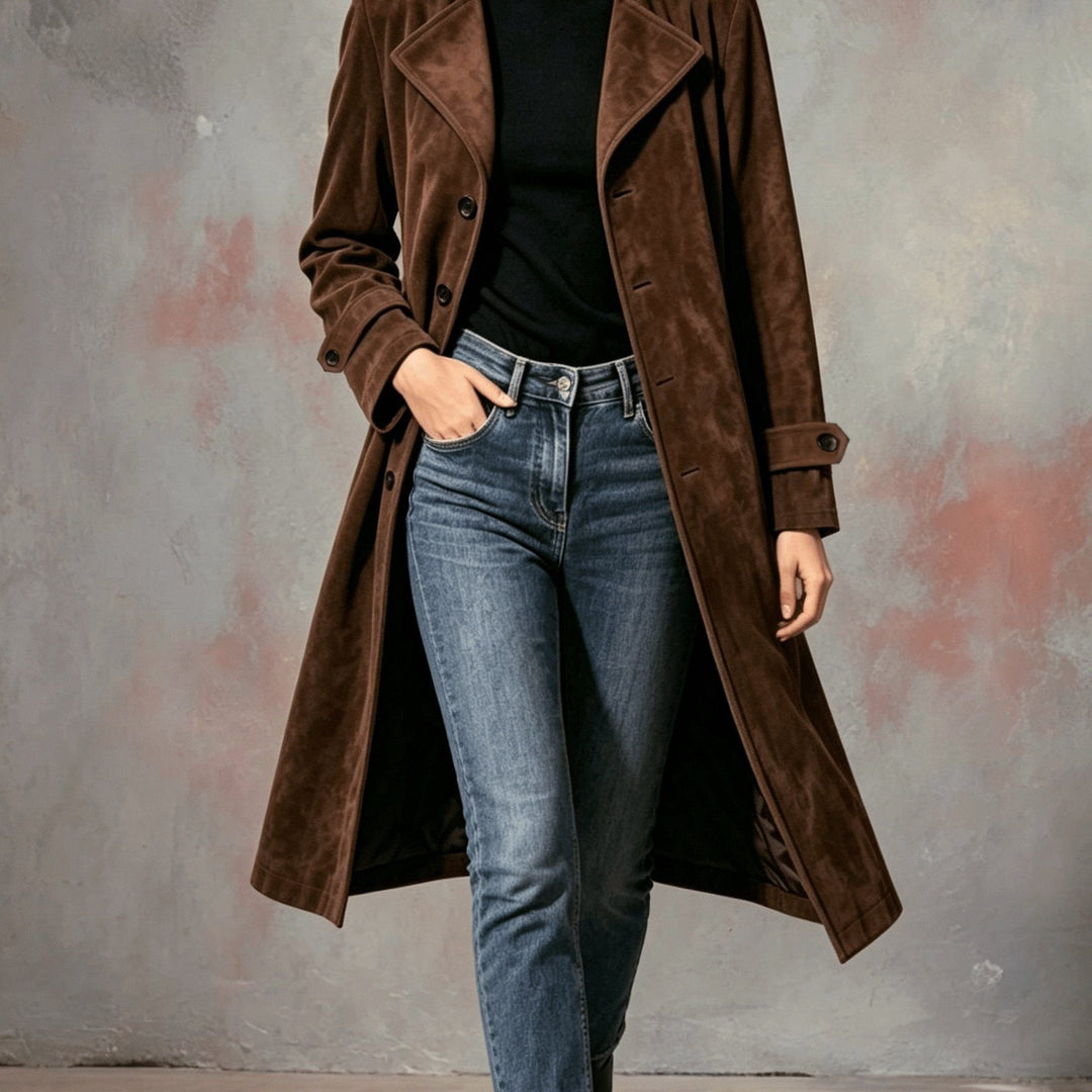 Women's Classic Suede Long Coat with Lapel Collar