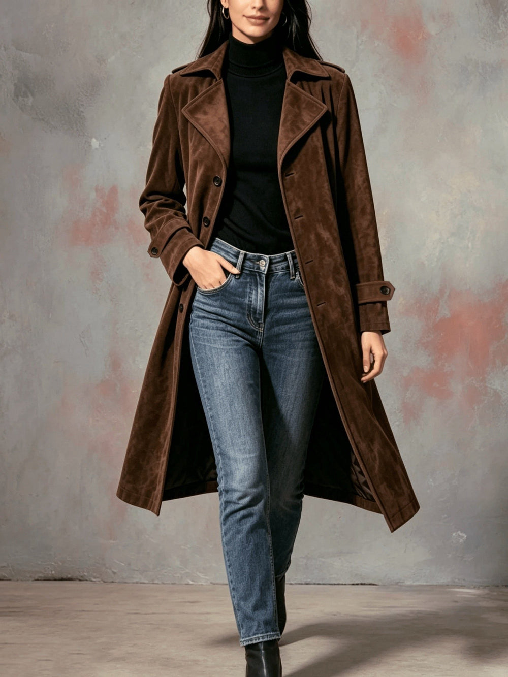 Women's Classic Suede Long Coat with Lapel Collar