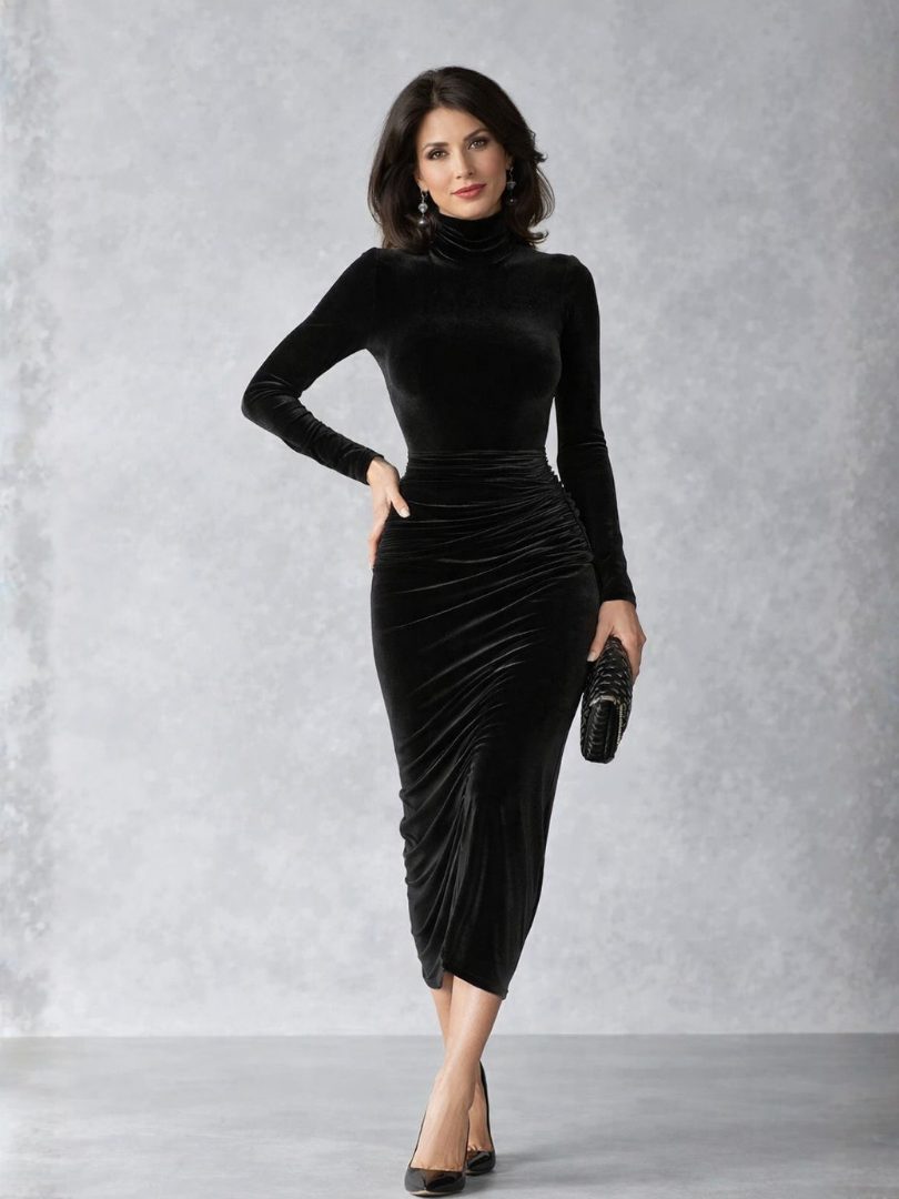 Women's Elegant Velvet Midi Dress with Long Sleeves and Ruching