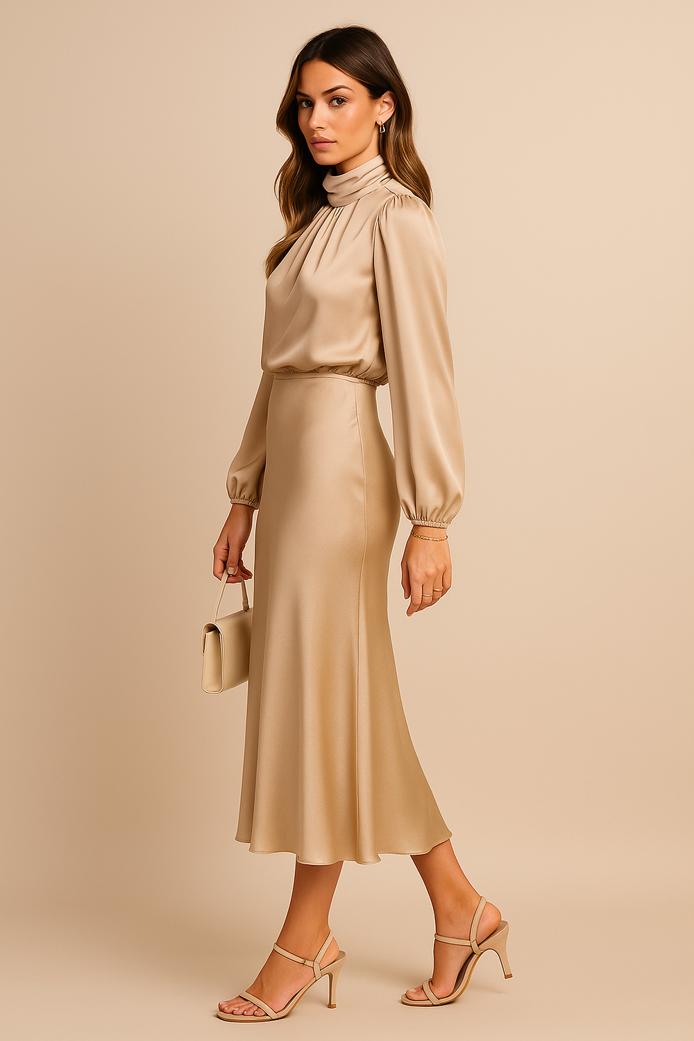 Women's Elegant Satin High Neck Long Sleeve Blouson Sweater Dress