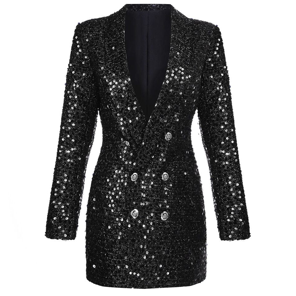 Women's Elegant Sequin Double-Breasted Blazer Dress Black