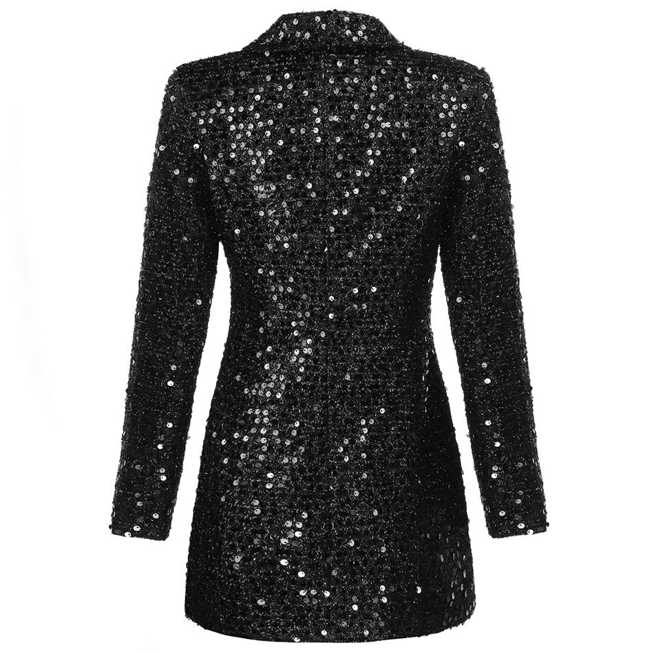 Women's Elegant Sequin Double-Breasted Blazer Dress Black