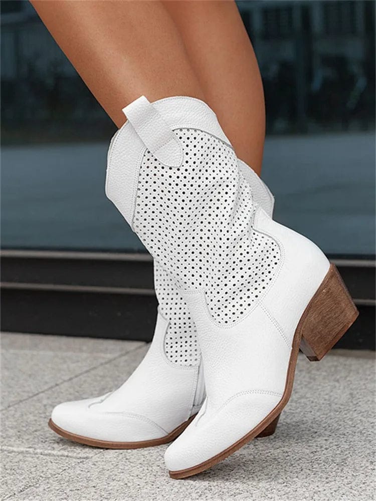 Women's Bold Leather Perforated Shaft Ankle Western Boots