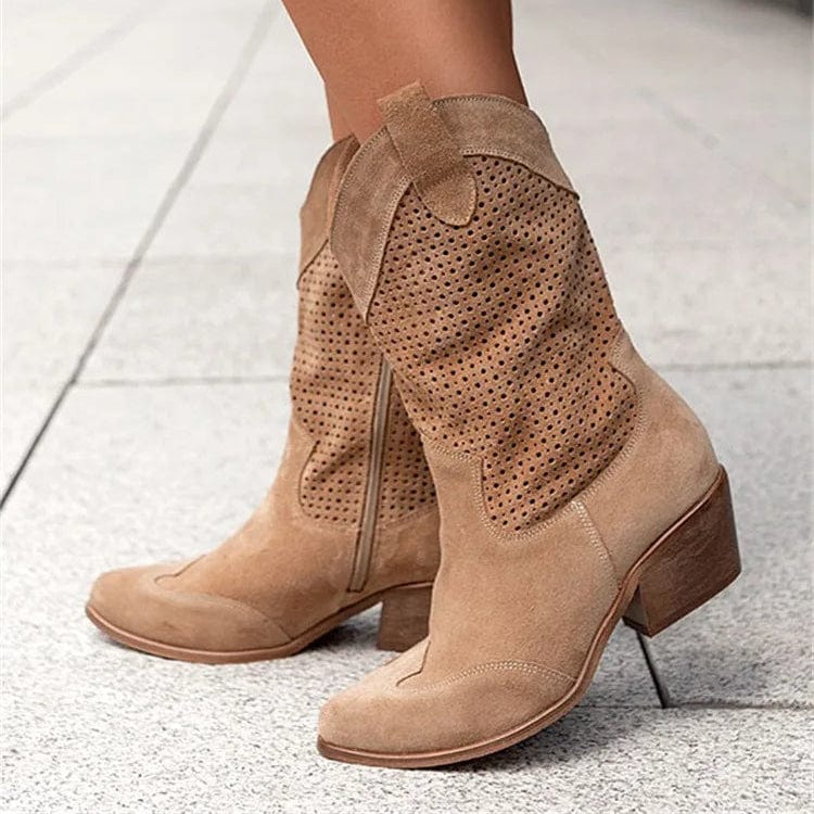 Women's Classic Leather Perforated Block Heel Cowboy Boots