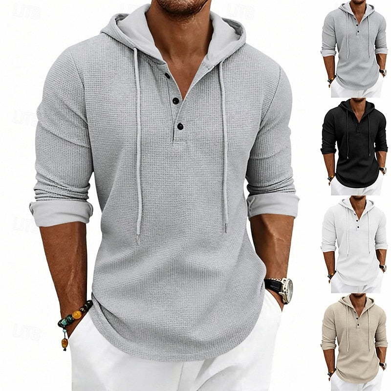 Men's Casual Cotton Relaxed Hooded Henley Shirt