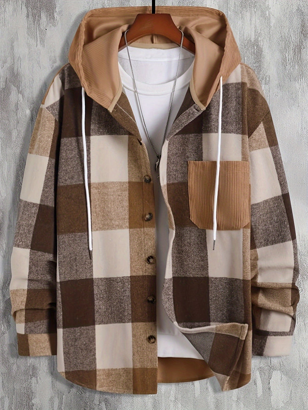 Men's Casual Checked Cotton Hooded Overshirt Jacket in Rust