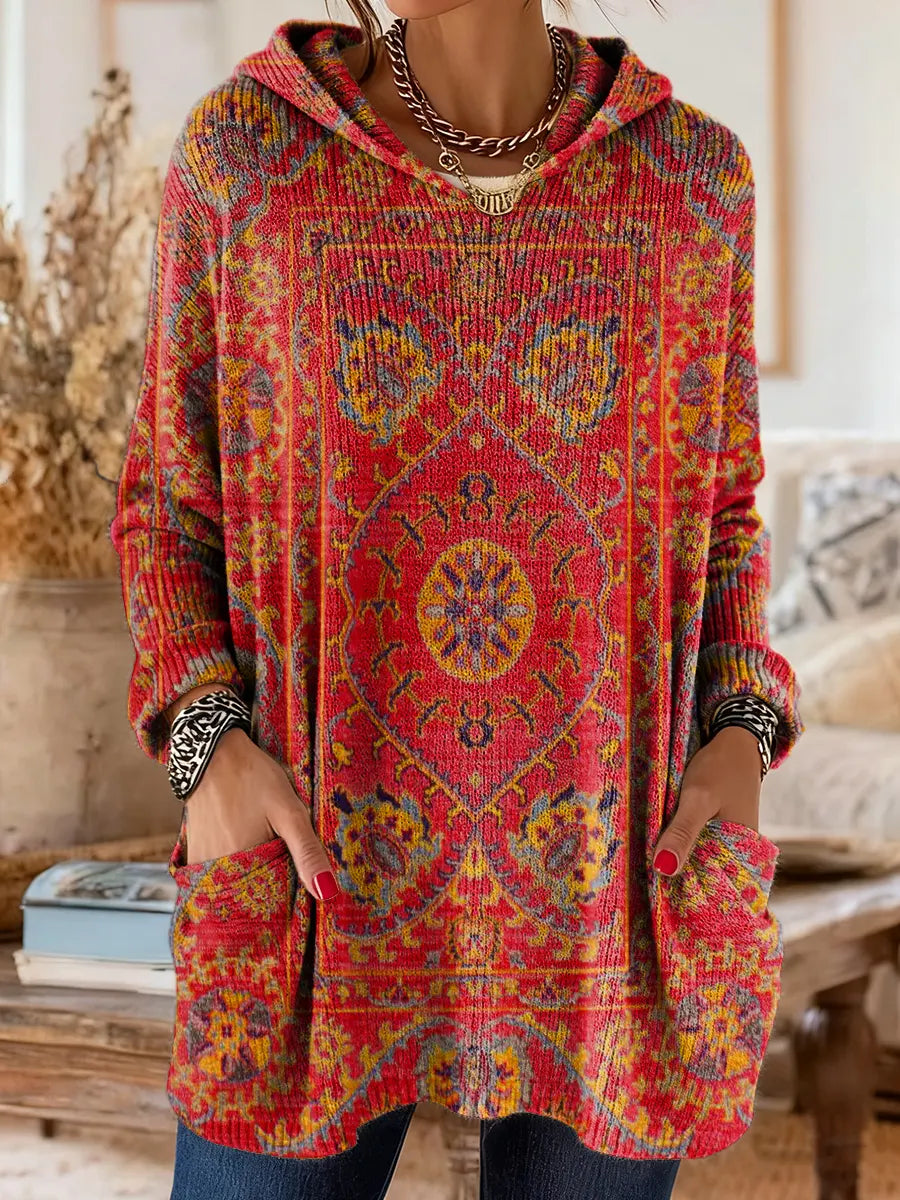 Women's Boho Tribal Print Hooded Tunic Top