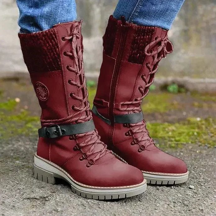 Women's Western Leather Lace-Up Knee High Heeled Boots with Knit Cuff