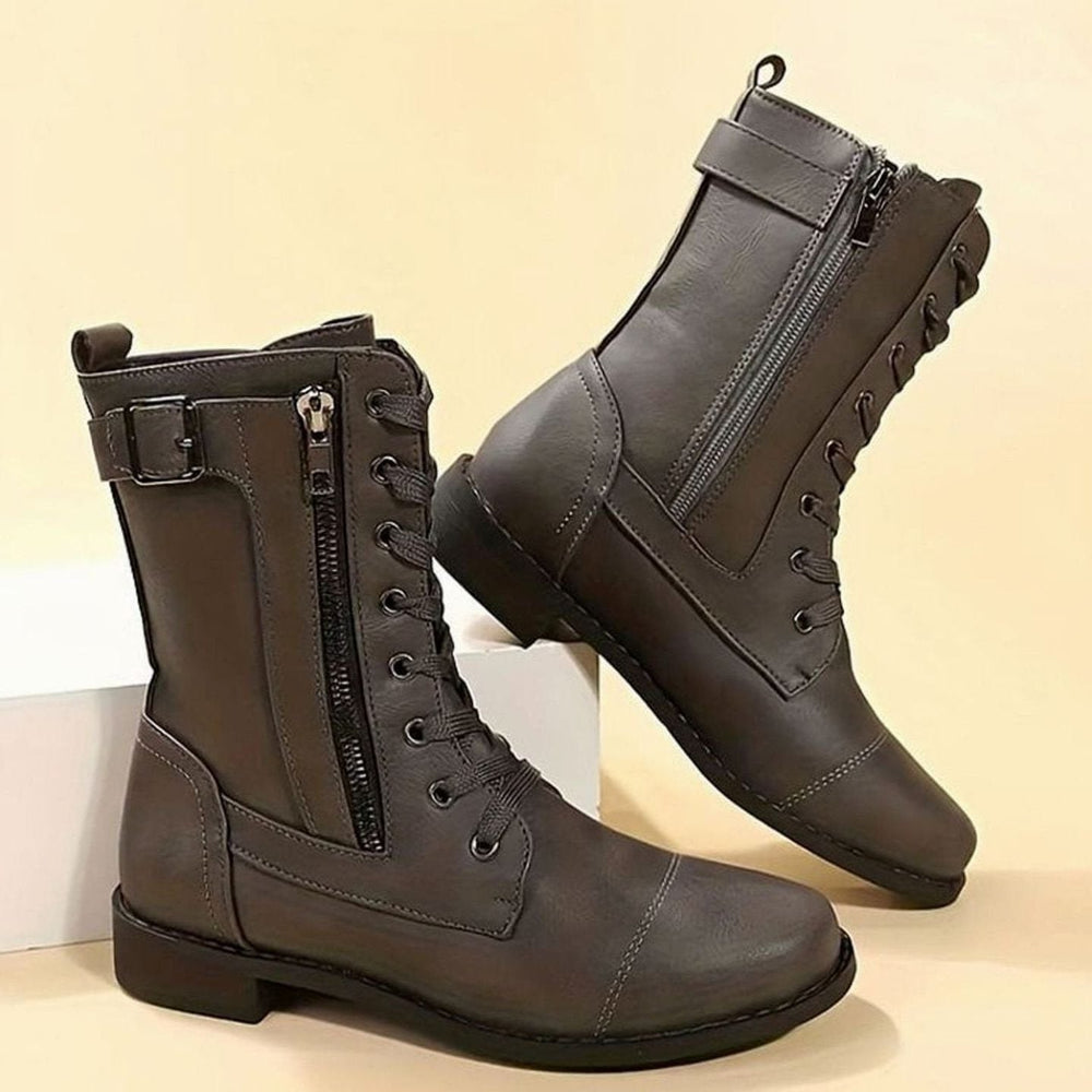 Women's Stylish Leather Lace-Up Combat Boots with Side Zip