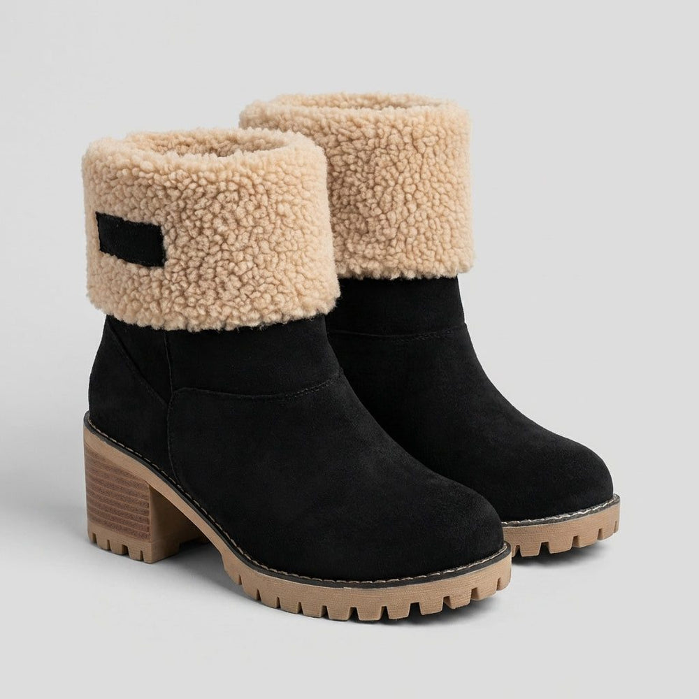 Women's Stylish Fleece Lined Leather Ankle Boots with Block Heel