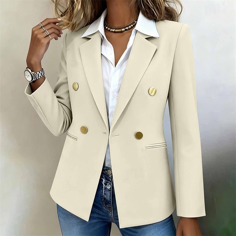 Women's Classic Double-Breasted Wool Blend Blazer with Lapel Collar