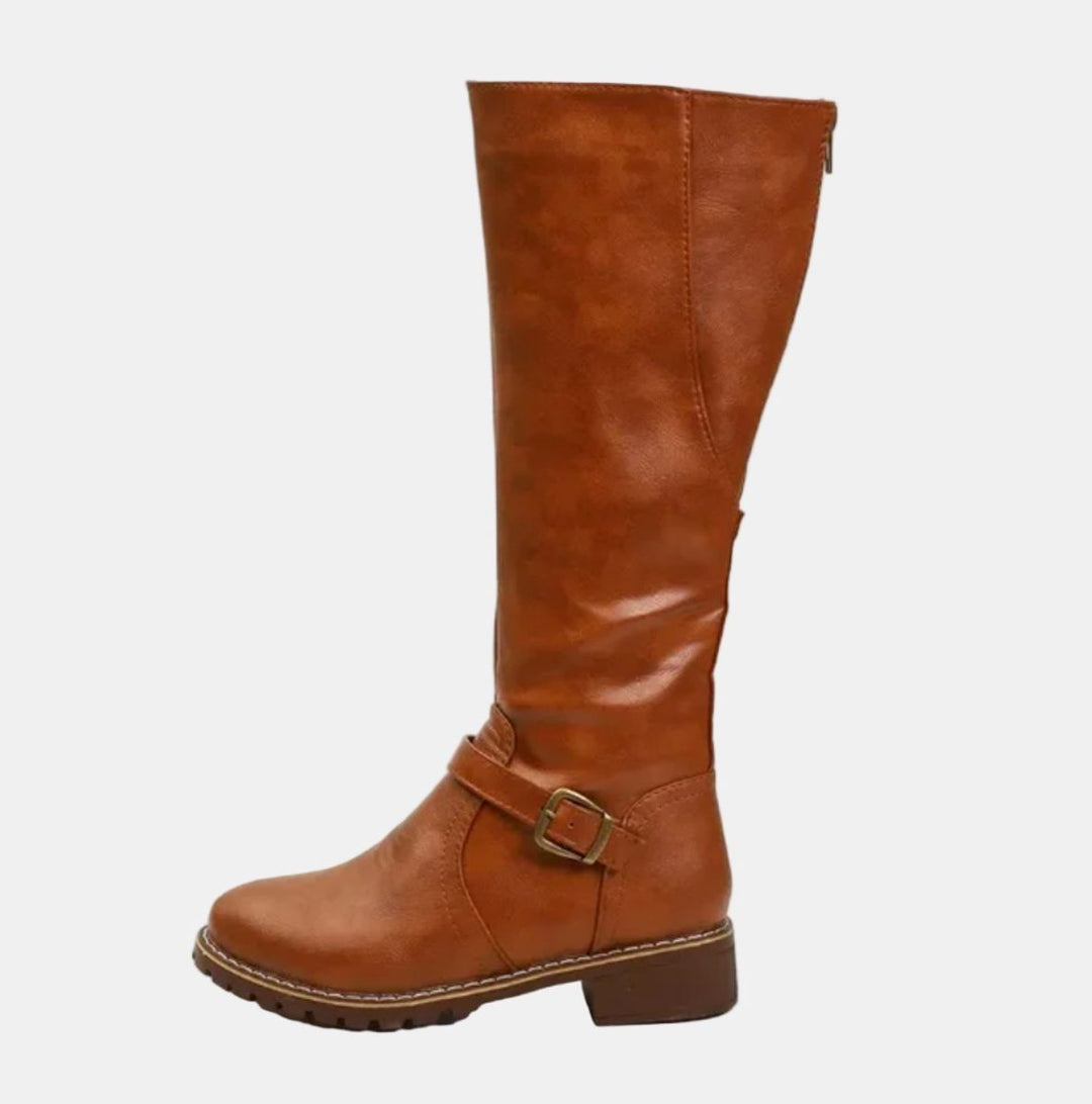 Women's Stylish Leather Tall Block Heel Riding Boots with Buckle Strap