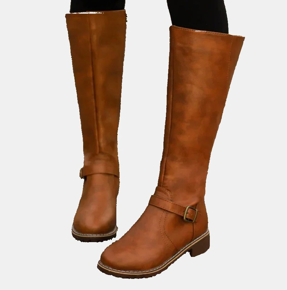 Women's Stylish Leather Tall Block Heel Riding Boots with Buckle Strap