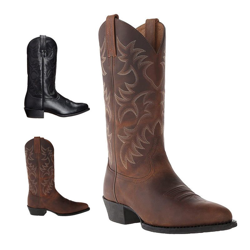 Women's Stylish Embroidered Leather Cowboy Boots with Pointed Toe