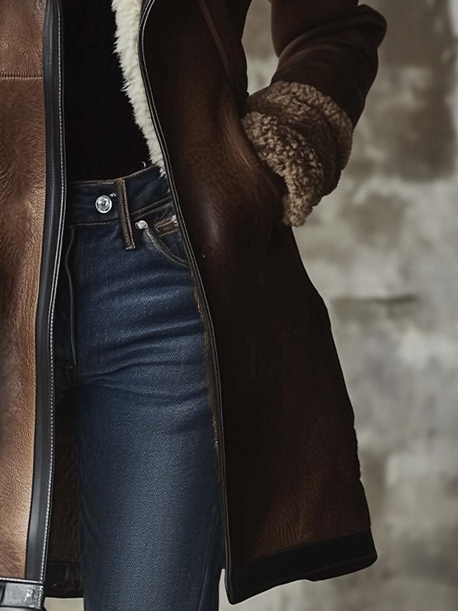 Women's Classic Leather Jacket with Sherpa Lining and Faux Fur Collar