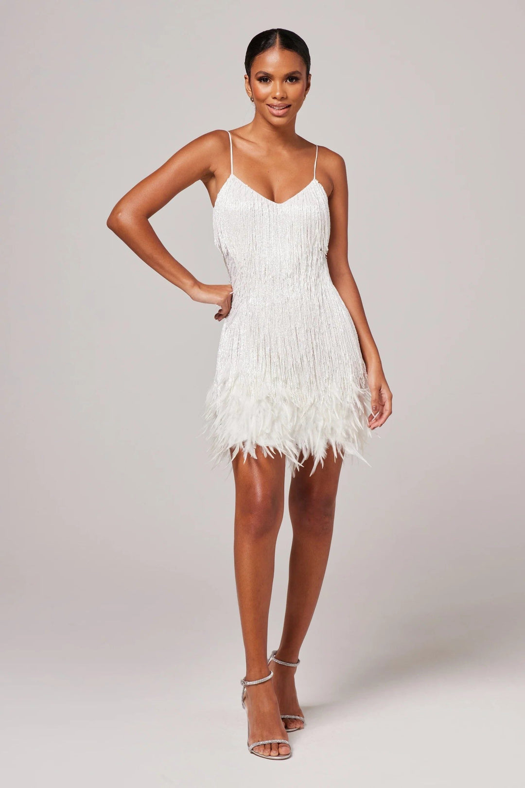 Women's Elegant Feather Detail Mini Cocktail Dress with V-Neck