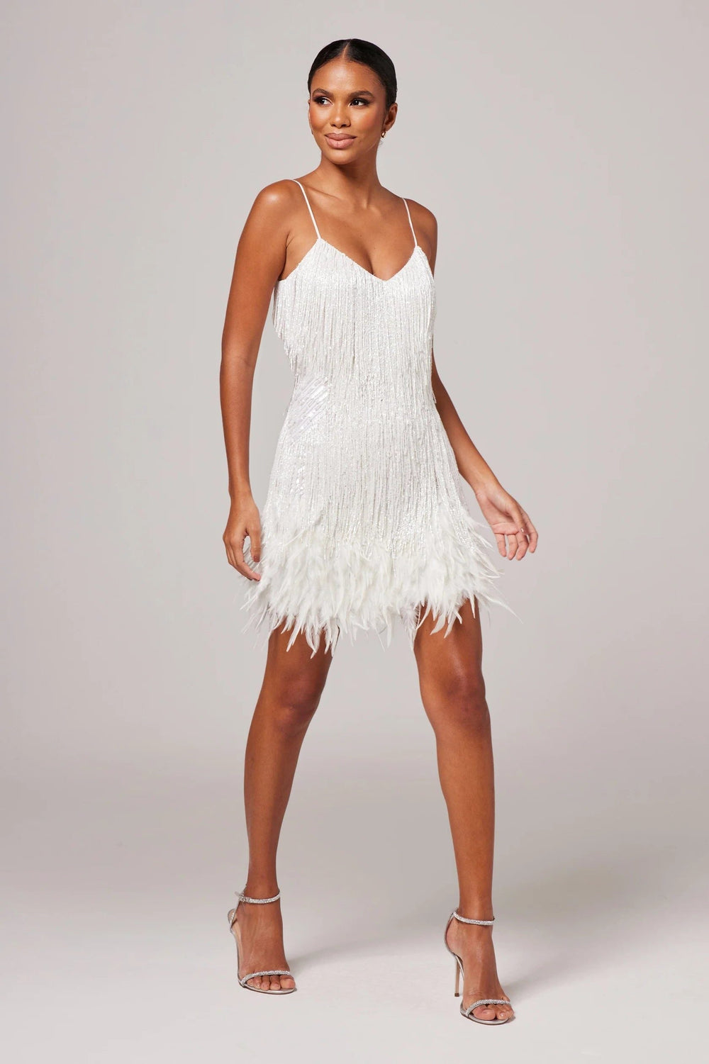 Women's Elegant Feather Detail Mini Cocktail Dress with V-Neck