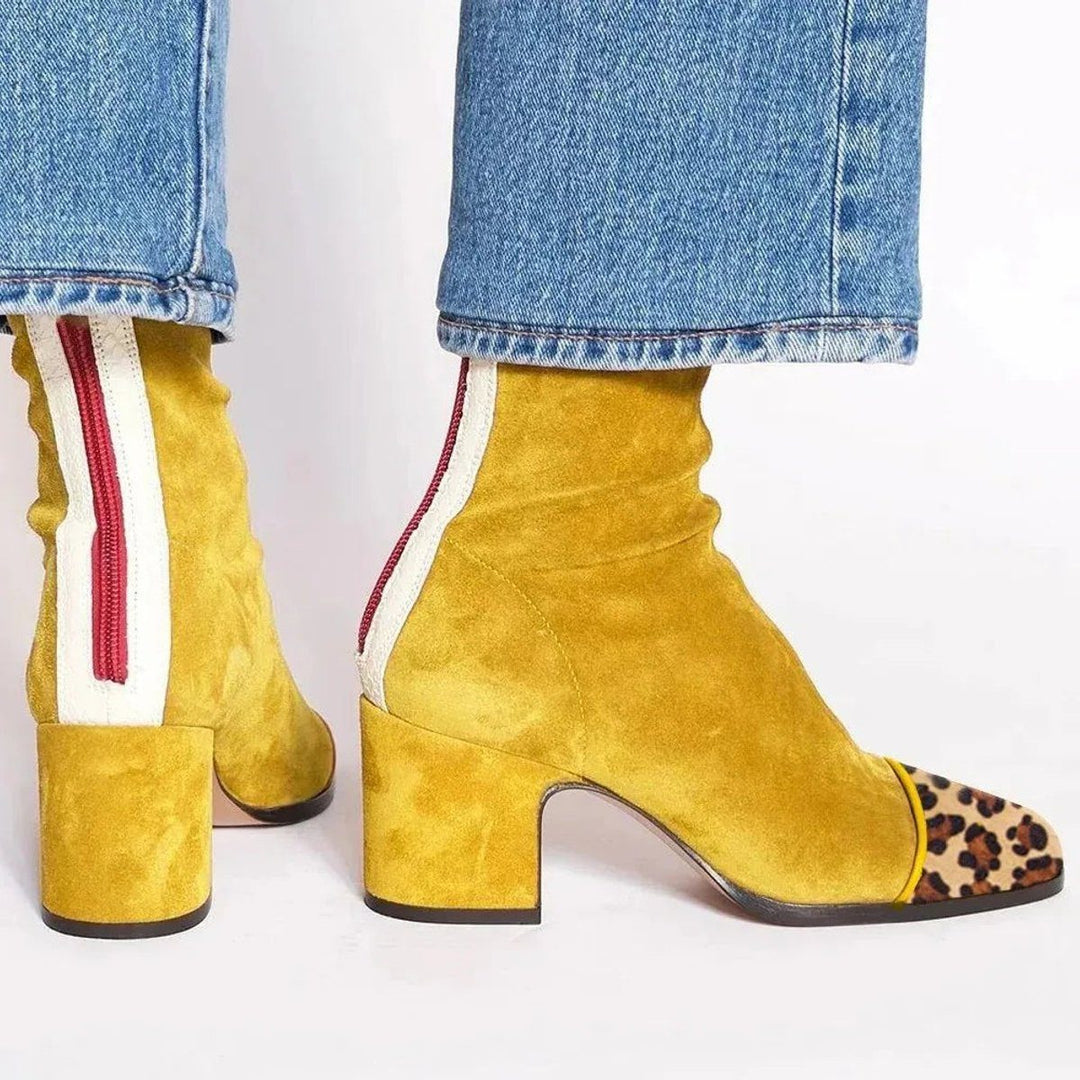 Women's Stylish Suede Block Heel Ankle Boots with Leopard Toe