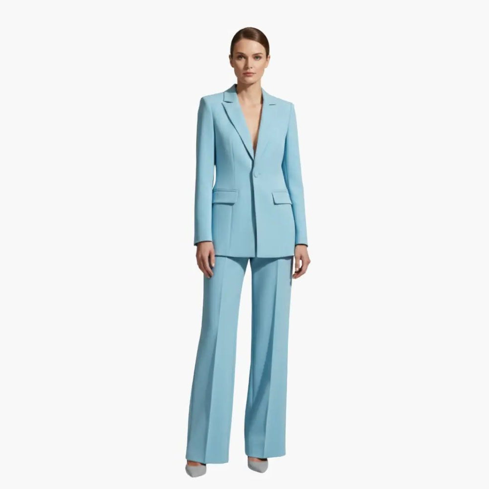 Women's Tailored Wool Blend Blazer Suit with Wide Leg Pants