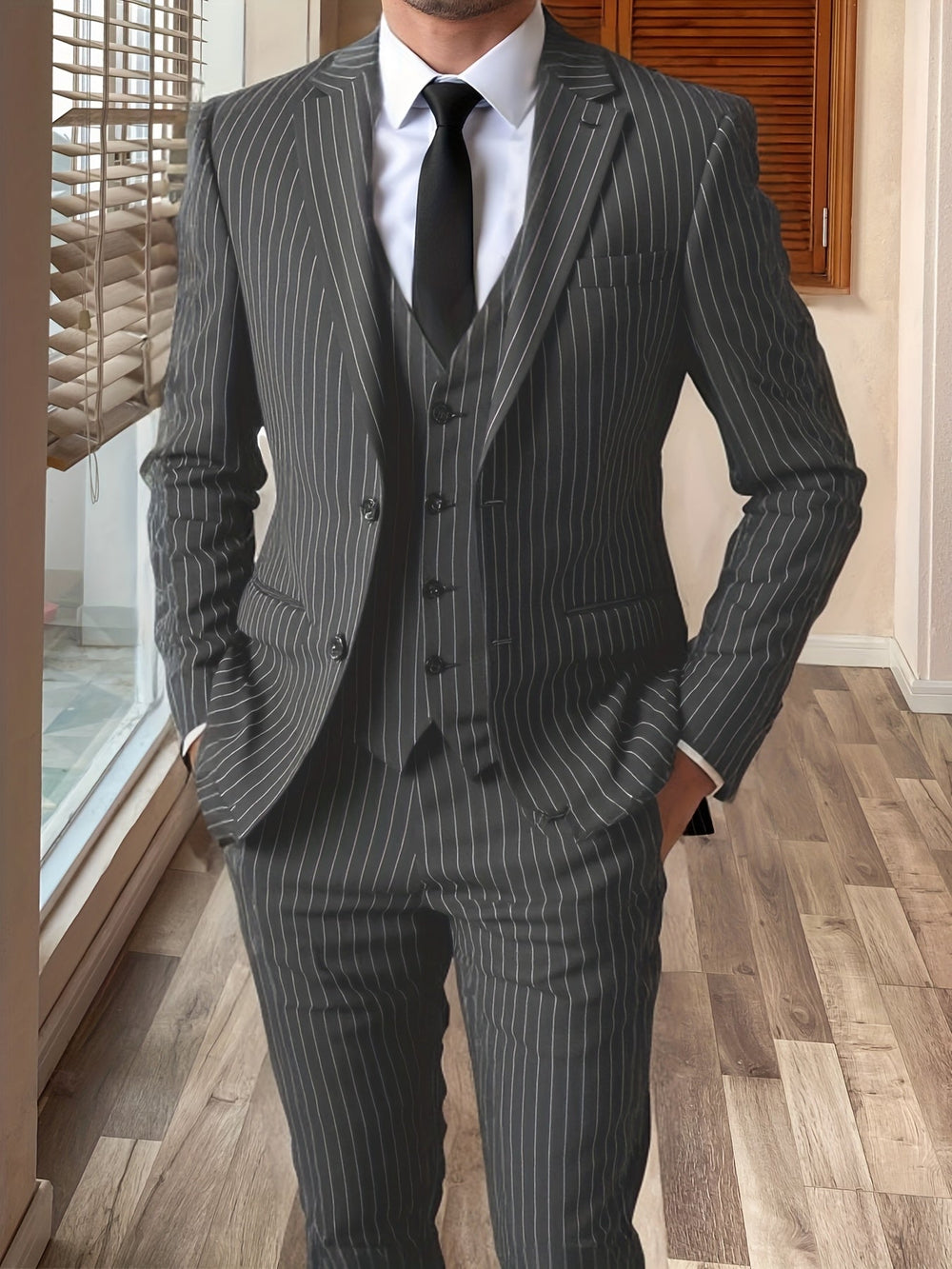 Men's Classic Wool Blend Pinstripe Three-Piece Suit