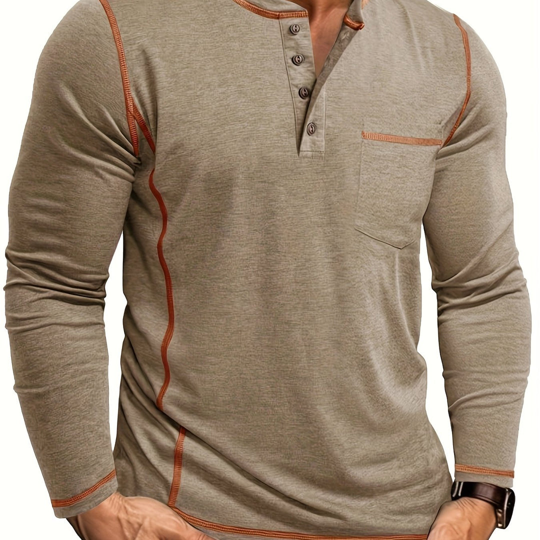 Men's Casual Cotton Long Sleeve Henley with Contrast Stitch